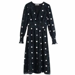 Women elegant polka dot embroidery tassel texture casual slim midi Dress ladies v neck long sleeve vestidos chic Dresses DS3052 210420