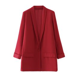 Women Red Blazer Jacket Casual Work Suit Coat Office Lady Fashion Pockets Long Sleeve Blazers Female 210430