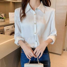 Korean Silk Women Shirts Long Sleeve White Woman Satin Blouses Casual Pink Ladies Tops Plus Size 210604