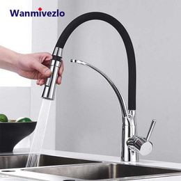 Chrome Rubber Kitchen Faucet Mixer Tap Rotation Pull Down Stream Sprayer Taps Cold Water Tap with Single Handle Kitchen Tap 210724