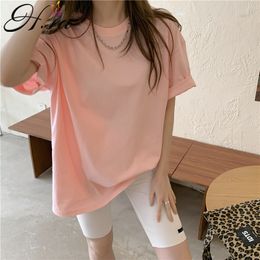 H.SA Roupa Mujer Women Kawaii T-shirts Solid Pure Cotton Pink Tee-Shirts Short Sleeve Overzied Korean Summer Tee Top 210417
