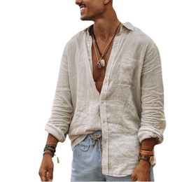 Designs Mens summer style solid Colour long-sleeved thin button imitation cotton linen shirt large size European casual mens s