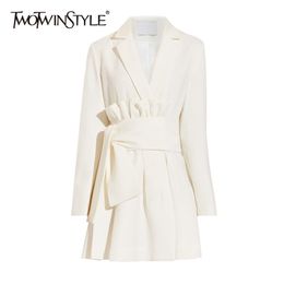Casual White Dress For Women Notched Long Sleeve High Waist Lace Up Elegant Dresses Female Spring Style 210520