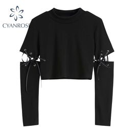 Long Sleeve Split Drawstring Lace-up Crop T Shirt Summer Streetwear Gothic Punk Black Tees Mujer Crewneck Trendy Tops 210515