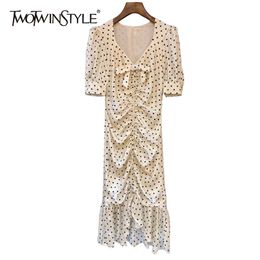 Print Dot Ruched Dress For Women V Neck Short Sleeve High Waist Patchwork Bowknot Midi Dresses Female Fashion 210520