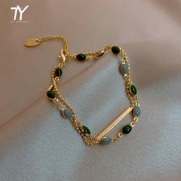 French Retro Romantic Double Metal Gold Bracelet For Woman Fashion Jewellery Party Unusual Oval Green Crystal Bracelets