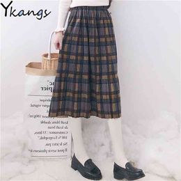Japanese Style Kawaii High Waist Pleated Skirt Women Winter Wool Midi Plaid Female Harajuku Green School Long 210421