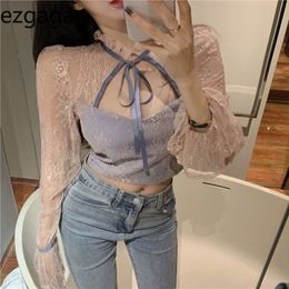 Ezgaga Korean Sexy Women Shirts Chic Lace Up Fashion Hollow Out Long Flare Sleeve Low Cut Mesh Female Crop Tops Clubwear 210430