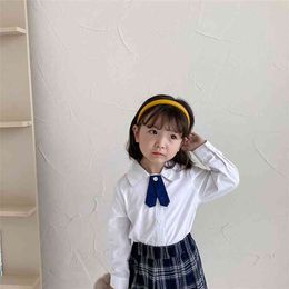 Autumn baby girls tie casual white shirts 1-7 years kids cotton all-match school long-sleeve base shirt 210708