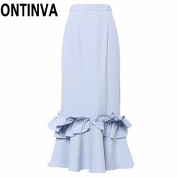 Clearance 4XL Plus Size Skirt Women Slim Elegant Ruffles Office Ladies Work Midi Jupes Female faldas Girl Blue Saias Sheath 210527