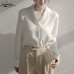 Office Lady Chiffon Shirts Women Spring Autumn White Blouse Long Sleeve V Neck Vintage Tops Female Clothing 12609 210427