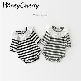 spring flounced collar long-sleeved striped baby Bodysuits girl clothes 210702