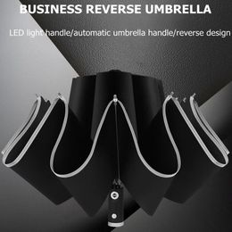 Automatic Umbrella with Reflective Stripe Reverse Led Light Umbrella Three Folding Inverted 10 Ribs Windproof Umbrellas Travel 210401