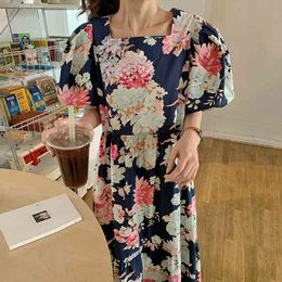 [EWQ] Korea Chic Flower Square Neck Tie Waist Lantern Sleeve Big Swing Dress Female Summer Straight Ladies Runway Dress 210423