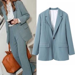 TRAF Za Blue Blazer Women Oversized Female Suit Casual Office Business Style Blazer Woman Long Sleeve Elegant Female Coat 210927