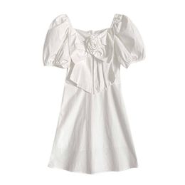 PERHAPS U Puff Sleeve Short Sleeve Mini Dress Elegant Solid White Blue Summer Women Female Bow D1822 210529
