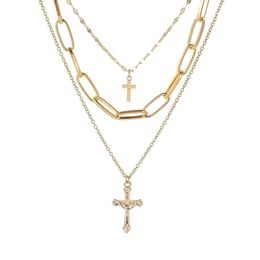 Fashion Gold Colour Metal Cross Necklaces Pendants Bohemian Three Layer Layered Catholic Religious Christian Jewellery