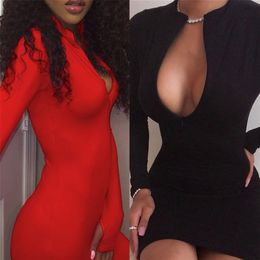 Sexy Deep V Neck Zipper Bodycon Mini Dress Casual Women Autumn Winter Slim High Waist Stretchy es Fall Black Red 210507