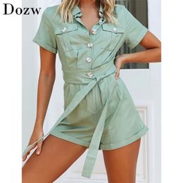 Solid Short Sleeve Office Playsuit Women Baggy Turn Down Collar Cargo Styles Jumpsuit Pleated Bandage Cotton Romper 210414