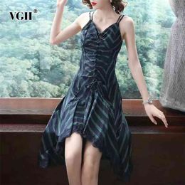 Vintage Striped Sling Dress For Women V Neck Sleeveless Drawstring Irregular Hem Elegant Dresses Female Summer Clothing 210531