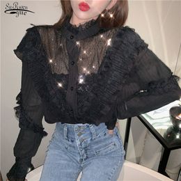 Autumn Korean Slim Ruffles Overalls for Women Retro Sequined Lace White Chiffon Blouse Vintage Ropa De Mujer 10954 210521