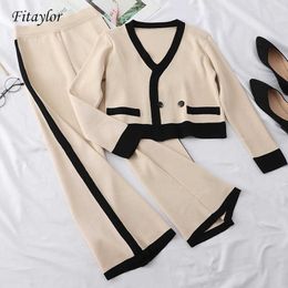 Fitaylor Women Suit 2020 Autumn New V-neck Coat Western Style Loose Leg Pants Contrast Color Knitted Two-piece Set Y0625