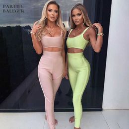 PB New Arrival Two Pieces Set Sexy Spagehtti Strap Celebrity Party Club Wear Bandage Pants Suit Y0625
