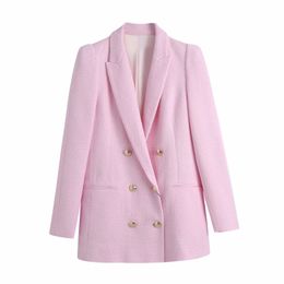 Fashion Women Double Breasted Pink Casual Suit Coat Female Long Sleeve Outerwear Office Lady Loose Tops C1106 210430