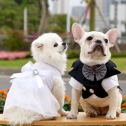 Lnlaid Diamond Pet Suspender Skirt Dog Apparel Doggy Clothe Princess Dresses Wedding Skirts Bow Evening Dress Dogs Clothes for Small Dogg Girl S White A18