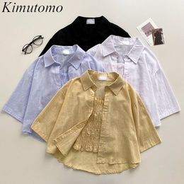 Kimutomo Two Piece Sets Simple Korean Turn-down Collar Short Sleeve Solid Colour Shirt + Elastic Slim Strapless Casual 210521
