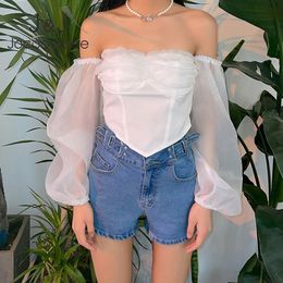 Casual Office Lady White Shirts Elegant Puff Sleeve Off the Shoulder Mesh Blouses Retro Harajuku T Shirts Sexy Tube Tops 210518