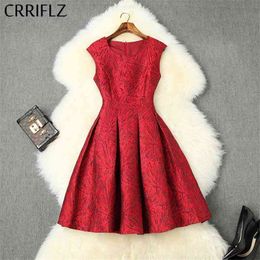 Short Slim Ball Gown Women O Neck Sleeveless Jacquard Dress Red Elegant Spring Summer Office Lady 210520