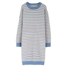 Knitted Blue Green O Neck Knee Length Sweater Dress Autumn Winter Elegant Long Sleeve Stragiht Loose Striped D1370 210514