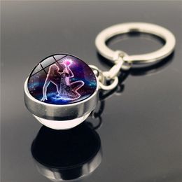 12 Zodiac Sign Glass Cabochon Ball Keychain Animal Aries Gemini Star Horoscope Pendant Double-sided Key Ring Bag Hangs Fashion Jewellery Will and Sandy