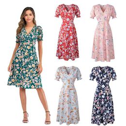 Dress Women Casual Slim Waist Boho Beach Summer es Plus Size Floral Print Vintage Chiffon Midi Vestido de Festa 210522