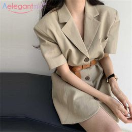 Aelegantmis Korean Casual Orange Sashes Long Blazer Jacket Women Spring Summer Dress with Belt Khaki Elegant Mini 210607