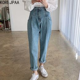 Korejpaa Women Pants Summer Korean Chic All-Match High-Waist Double-Pocket Thin Folds Washable Blue Straight-Leg Jeans 210526