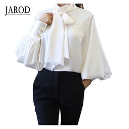 Pure White Bow Tie Blouse Chiffon Women Office Shirt Lantern Sleeve Blouses Blusas Femininas Formal Ladies Tops 210519