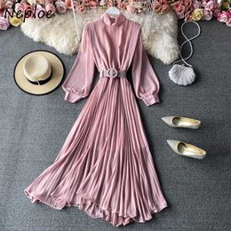 Neploe Stand Collar Pullover Long Sleeve Dress Women High Waist Hip Sashes Pleat Long Vestidos Spring 2021 New Candy Colour Robe Y0726