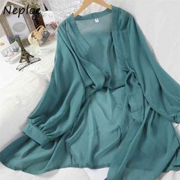 Neploe Korean Women Long Sleeve Chiffon Blouses Vintage V Neck Solid Long Feamle Shirts Summer Outwear Blusas Mujer 1E418 210715