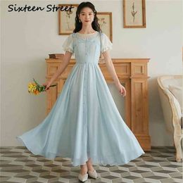 Summer Long Women Dress Blue Chiffon Maxi Female Vestido O-Neck Short Sleeve Fake Set Party Elegant 210603