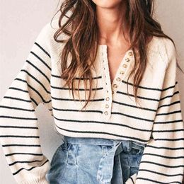 Autumn Winter Women Sweater V-Neck Buttons Knitted Oversize Pullovers Striped Casual Fashionable Outerwear Wild Tops 210521