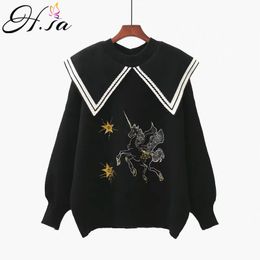 H.SA winter clothes women Kawaii Sweater and Jumpers Black White Cartoon unicorn Embroidery Pull Femme Hiver 210417