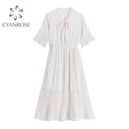 Dot Print Chic Dress For Women Stylish V-Neck Bownot Bandage Work Casual Loose Dress Mori Girl Korean Summer Boho OL Frocks 210417