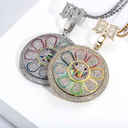 Hip Hop AAA+ CZ Stone Paved Bling Iced Out Rotatable Spin 69 Sun Flower Round Pendants Necklaces for Men Rapper Jewellery Gift X0707