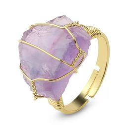 Natural Stone Crystal Band Rings Women Irregular Wire Wrap Healing Purple Fluorite Gold-color Resizable Finger Ring Jewellery