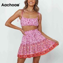 Boho Floral Print Two Piece Set Top And Skirt Women Summer Beach Bow Tie Cropped Camisole High Waist Mini Skirts Sets 210413
