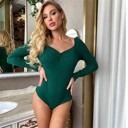 Tute Donna Eleganti Lady V-neck Knitted Body Long Sleeve Skinny Slim Ribbed Bodysuit Women Casual Fresh Green Ruched Jumpsuits 210604