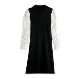 Women Black White Patchwork O Neck Puff Long Sleeve Sexy Mini Dress Spring Sheath D1724 210514