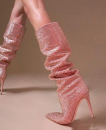 Bling Pink Crystal Rhinestone Thin Heels Pleated Knee High Boots Woman Sexy Pointed Toe Party Tube Slip On Long Botas Shoes